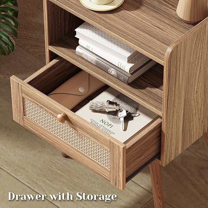 SUPERJARE Nightstand with Charging Station & Rattan-Like Decor Drawer, Rattan End Table with Solid Wood Feet, Bed Side Table with Open Storage, for Bedroom, Living Room, Dormitory, Walnut