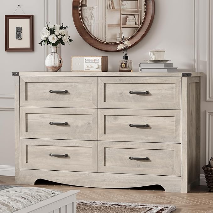 Dresser for Bedroom with 6 Drawers, 54" Wide Wood Chest of Drawers with Deep Drawers & Mental Handle, Modern Dresser TV Stand, Wooden Closet Storage Organizer for Living Room, Hallway, Entryway, Grey
