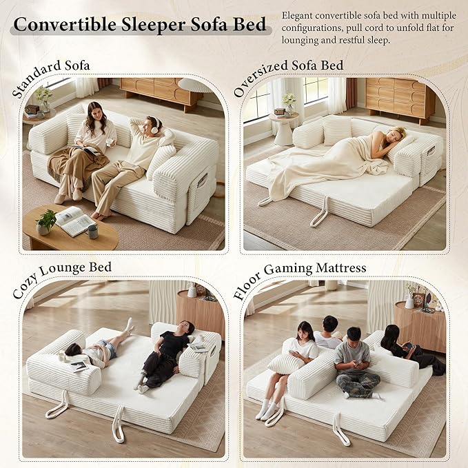 Boneless Couch Folding Couches for Living Room Sofa, Futon Sofa Bed with Sleeper Sofa, Futon Couch with Fixed-Shape Oversized Corduroy Upholstered (White, 81 Inches)