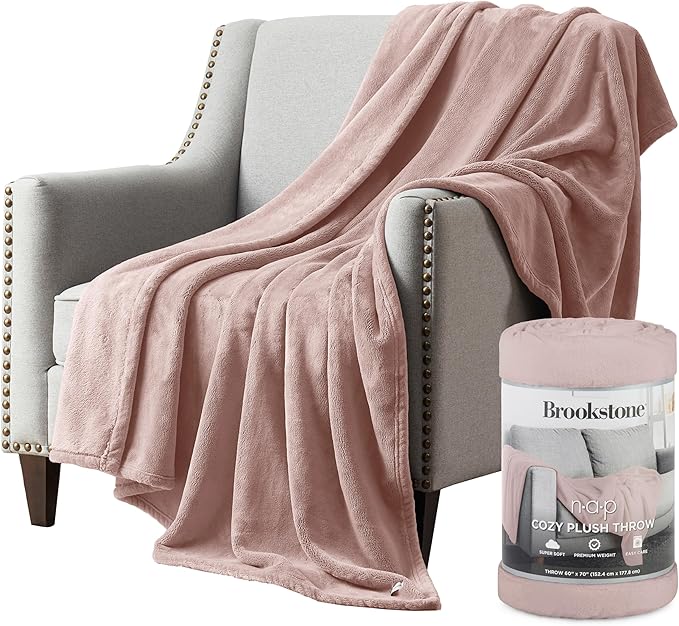 Brookstone Nap Plush Throw Blanket for Couch | Warm & Super Soft Blanket with Unmatched Heavy, Dense, and Ultra-Comfy Throw | Luxurious Drape, Cozying Up on a Sofa, Chair | Blush