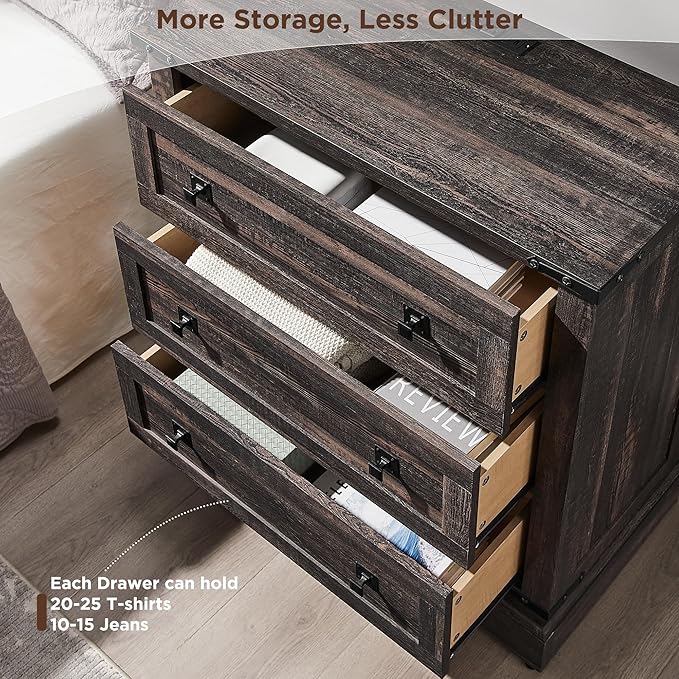 T4TREAM 32" Farmhouse Nightstand with Charging Station, Large End Table with 3 Storage Drawers, Rustic Wood Bedside Table for Bedroom, Living Room, Dark Rustic Oak