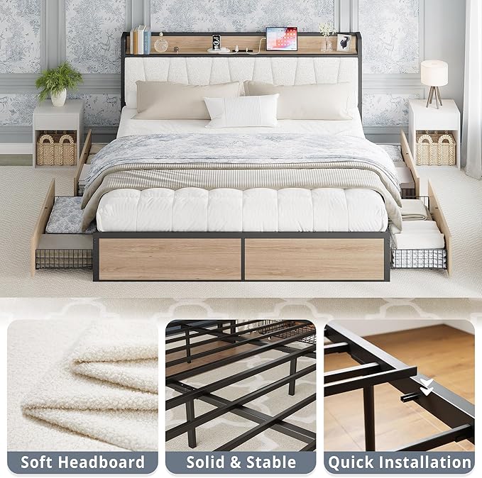 LIKIMIO King Bed Frame with 4 Storage Drawers, Platform Bed with Charged Headboard, Sturdy and Stable, No Noise, No Box Spring Needed, Easy to Install, Wood and Cream