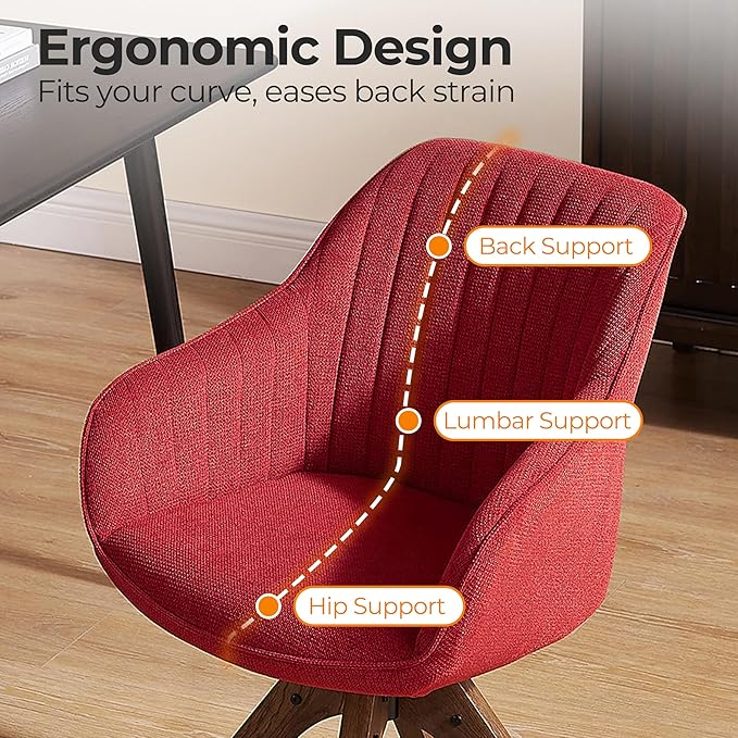 Zouron Mid Century Modern Accent Chair with Wooden Legs, Upholstered Swivel Chair No Wheels, Side Accent Armchair Vanity Chair for Small Space Home Office Living Room Bedroom, Red