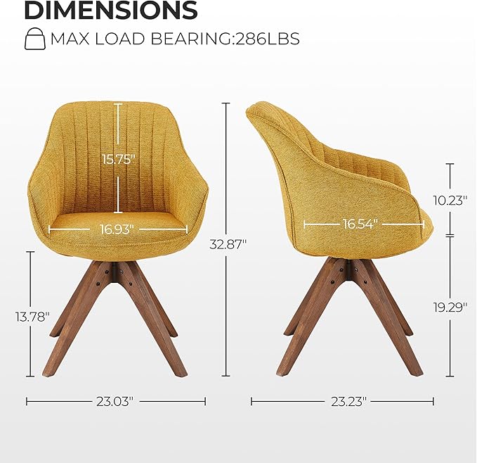 Zouron Mid Century Modern Accent Chair with Wooden Legs, Upholstered Swivel Chair No Wheels, Side Accent Armchair Vanity Chair for Small Space Home Office Living Room Bedroom, Yellow