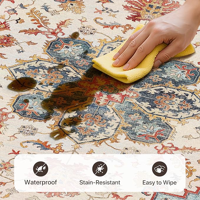 GENIMO 2X10 Runner Rugs for Entryway,Machine Washable Vintage Floor Cover Foldable Modern Non Slip Rug, Low Pile Soft Carpet Floral Print Mat for Indoor Entryway/Bathroom/Kitchen/Carpet,Sky Blue