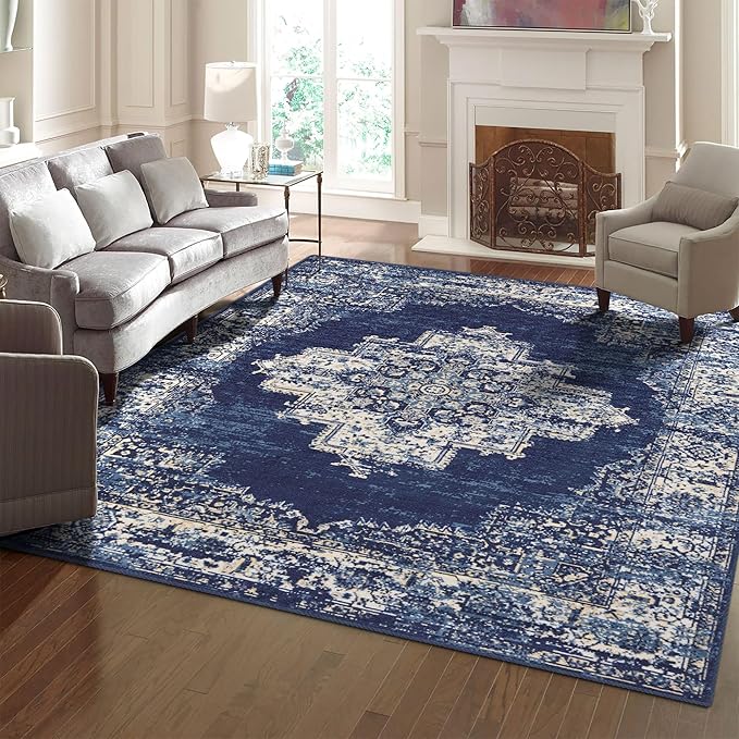 vivorug 9x12 Area Rugs for Living Room, Non Slip Machine Washable Vintage Navy Blue Rug, Ultra-Thin Lightweight Large Area Rug for Bedroom, Dining Room, Low Pile Rug