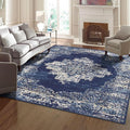 vivorug 9x12 Area Rugs for Living Room, Non Slip Machine Washable Vintage Navy Blue Rug, Ultra-Thin Lightweight Large Area Rug for Bedroom, Dining Room, Low Pile Rug
