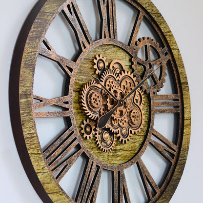 The Gears Clock 36'' Inch Real Moving Gear Wall Clock Vintage Industrial Oversized Rustic Farmhouse (Gold Antique)