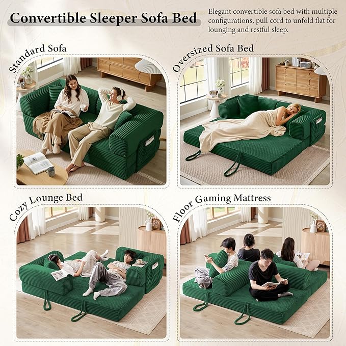 Boneless Couch Folding Couches for Living Room Sofa, Futon Sofa Bed with Sleeper Sofa, Futon Couch with Fixed-Shape Oversized Corduroy Upholstered (Green, 81 Inches)