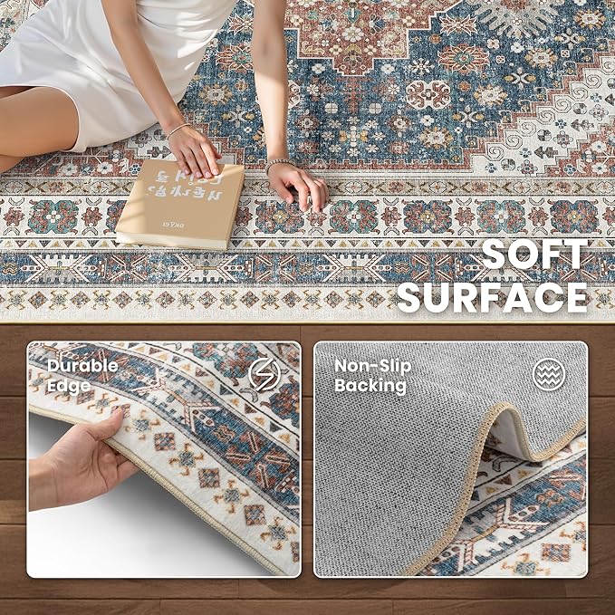 zesthome 9x12 Area Rugs,Stain Resistant Washable Rug,Ultra-Thin Rugs for Living Room,Bedroom,Non-Slip Backing Home Decor Large Area Rug (Navy Blue/Red,9'x12')