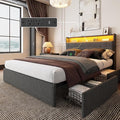 Forestell Queen Bed Frame with Headboard, Grey Upholstered Platform Bed with 4 Storage Drawers, Built-in LED Lights & Charging Station, Metal Slats Support, No Box Spring Needed, Cama Queen Size