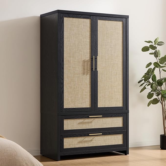 SICOTAS Rattan Armoire Wardrobe Closet Cabinet, 71" Wardrobe Storage Cabinet with Doors, 2 Drawers and Hanging Rod, Boho Large-Capacity Deep Armoire Clothes Organizer for Bedroom, Black Oak