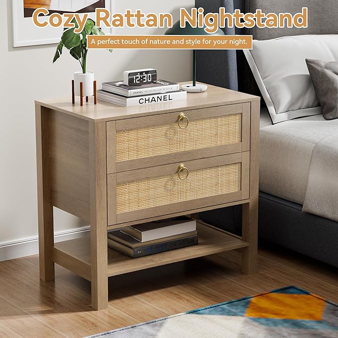 Rattan Nightstand with 2 Drawers and Storage Shelf, 26” Tall Wide Night Stand, Wood Large Bedside Table with Golden Handle for Bedroom, Side Table, Carbon Cherry