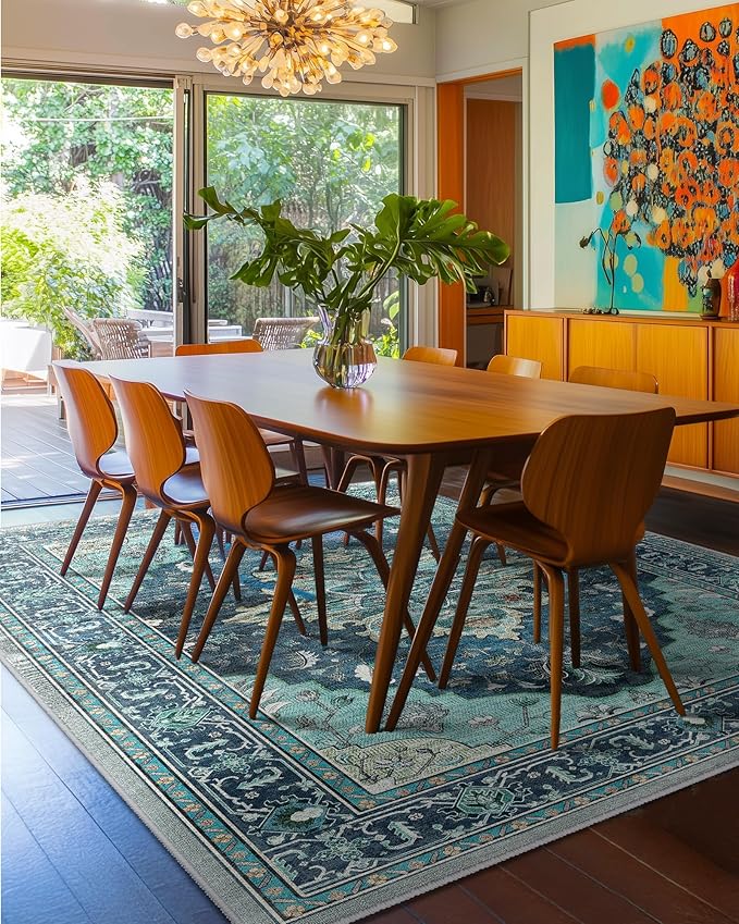 Area Rugs Square 8ft Washable Non-Slip, Floral Vintage Distress Print Pattern Medallion Carpet for Living Room Bedroom Dining Room, Teal Green Lake Blue Turquoise