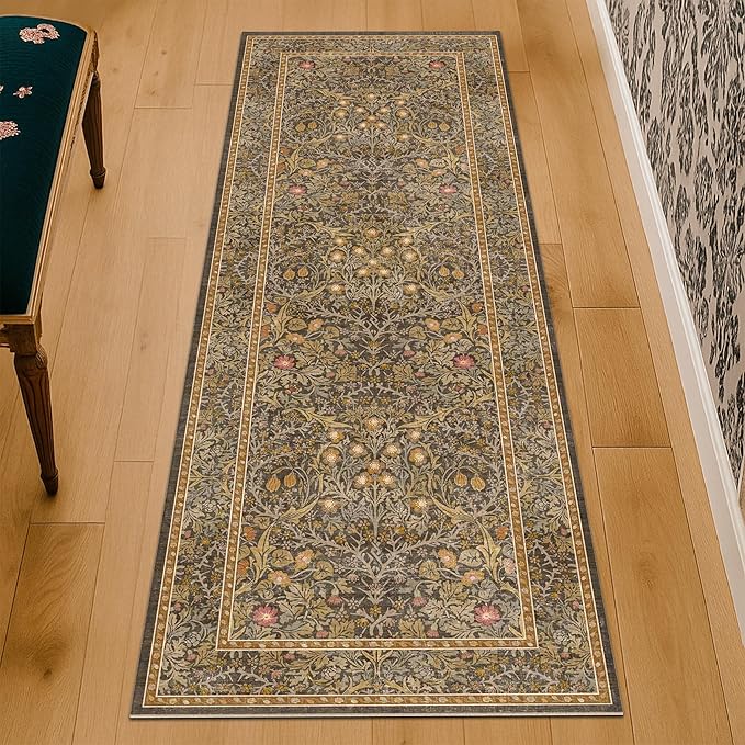 Gold Brown 2x6 Bathroom Runners Non Slip Washable, Low-Pile Runner Rugs for Kitchen, Entryway, Hallway, Laundry Room, Bedroom Bedside, Vintage Floral Stain Resistant Soft Carpet
