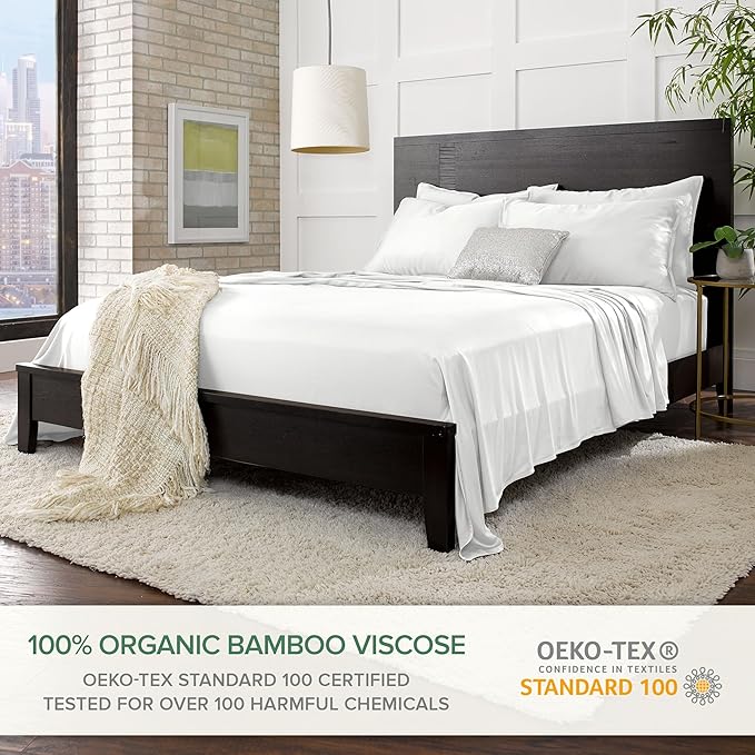 Pure Bamboo Split King Sheets, Genuine 100% Organic Viscose Derived from Bamboo Bed Sheet Set, Soft & Cooling, Double Stitching, 2 Fitted Sheets (Split King, White)