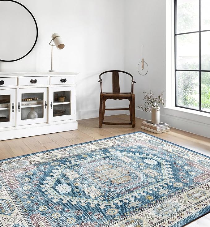 vivorug 6x9 Area Rug, Ultra-Soft Washable Rug for Living Room, Dinner Room, Bedroom, Non-Slip Vintage Medallion Rug, Indoor Carpet Large Area Rug, Blue