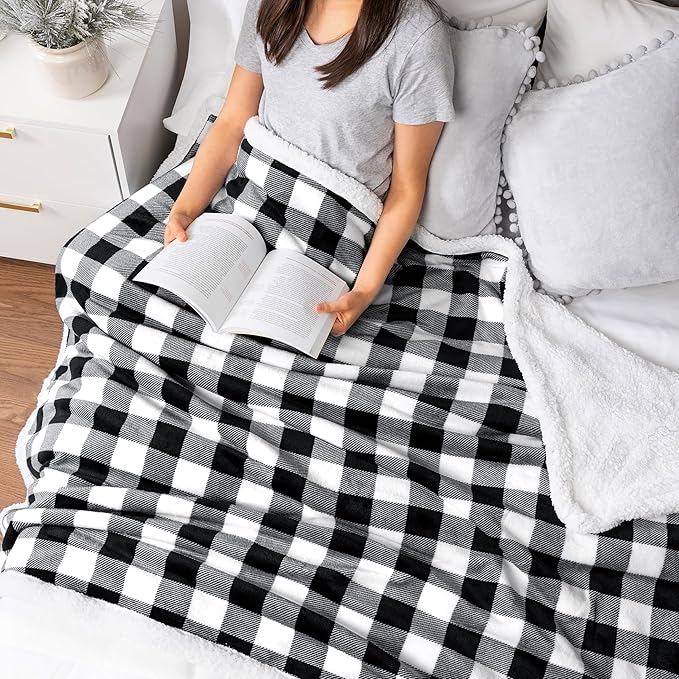 Pavilia Black White Buffalo Plaid Sherpa Bed Blanket Queen, Plush Checkered Fleece, Soft Fuzzy Flannel Large for Couch Sofa, Warm Heavy Thick Winter Gift, 90x90