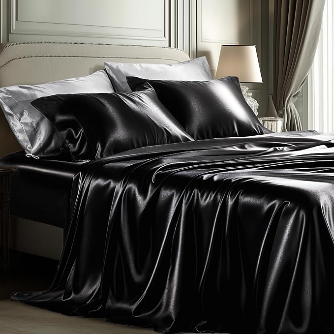 Bedsure Black Satin Sheets Full Size - 4 Piece Silky Bedsheets with 15 Inches Deep Pocket Fitted Bedsheet,1 Flat Sheet, 2 Satin Pillowcases, Good for Hair & Skin (Full, Black)