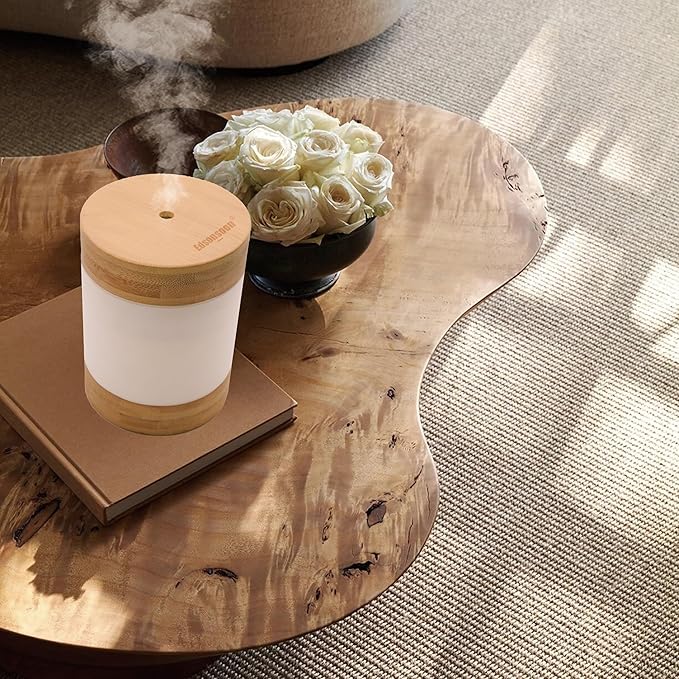 Bamboo Ultrasonic Mini Humidifier, 400ml Quiet Desktop Humidifier with Dual LED Night Light, USB-C Powered, Auto Shut-Off, Portable Small Room Air Moisturizer for Bedroom, Desk, Office & Travel