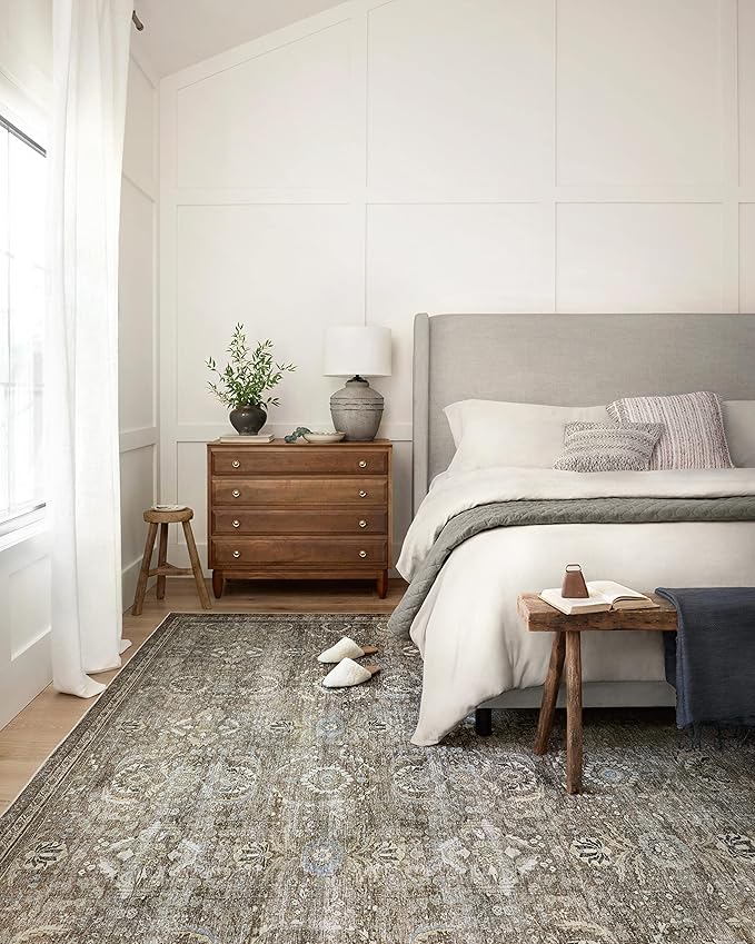 Loloi Layla Collection LAY-13 Antique/Moss 2'-6" x 7'-6" .13" Thick Runner Rug, Soft, Durable, Vintage Inspired, Distressed, Low Pile, Non-Shedding, Easy Clean, Printed, Living Room Rug