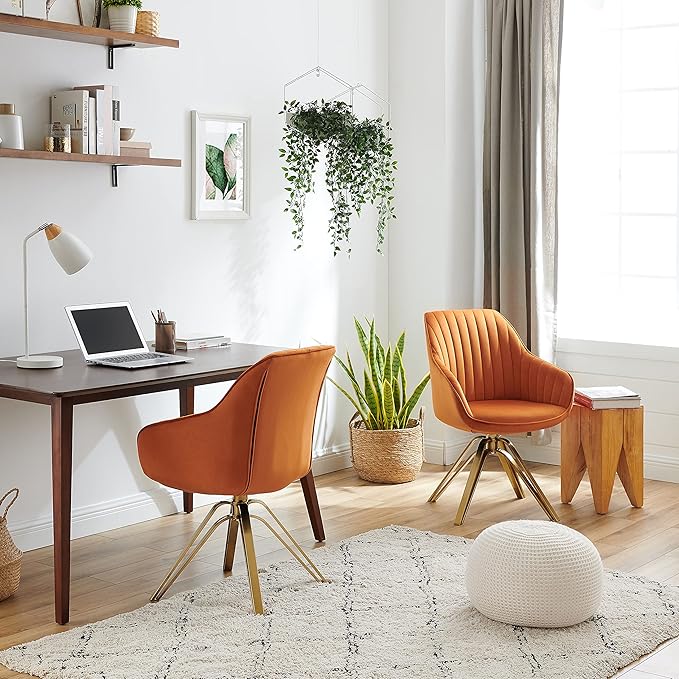 Zouron Mid Century Modern Swivel Accent Chair with Gold Metal Legs, Upholstered Swivel Chair No Wheels, Side Accent Arm Chair Vanity Chair for Small Space Home Office Living Room Bedroom, Orange