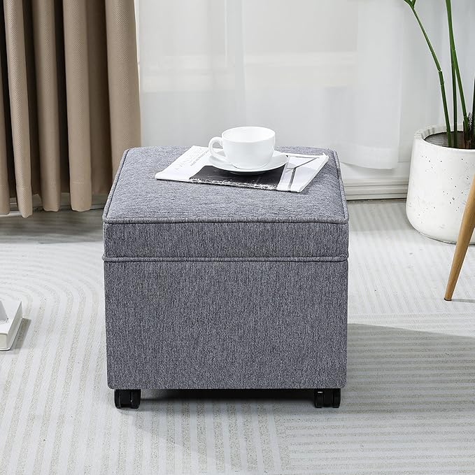 Adeco 17.5" Grey Square Storage Ottoman with Wheels, Modern Cotton Linen Foot Stool with Rollers - Movable & Convenient & Practical, Small Footstool for Living Room, Bedroom