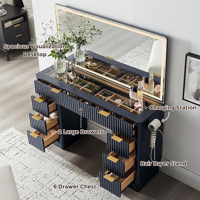 T4TREAM 48" Fluted Makeup Vanity Desk with Large Led Lighted Mirror, Modern Vanity Table with 8 Drawers & Charging Station, Glass Top Dressing Table for Bedroom, Dark Grey
