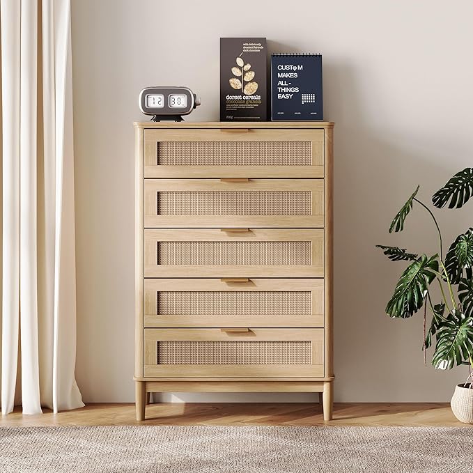 LINSY Rattan 5 Drawer Dresser for Bedroom, 46" Tall Mid-Century Modern Chest of Drawers, Deep Storage Dresser with Curved Corner Design, Large Accent Wood Cabinet for Bedroom, Oak