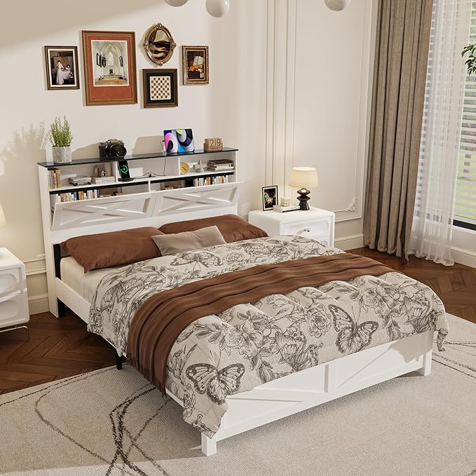 Queen Size Bed Frame with Wooden Storage Headboard, Farmhouse Platform Bedframe with LED Lights and Charging Station, Easy Assembly, No Box Spring Needed (White, Queen)