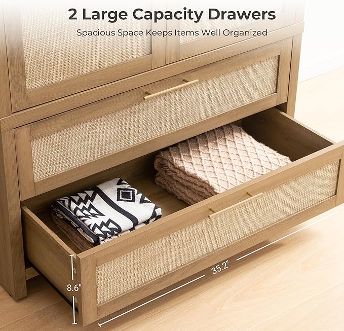 SICOTAS Larger Armoire Wardrobe Closet, 71" Tall Rattan Freestanding Wardrobe Closet Cabinet with Storage and 2 Drawers, Boho Armoire Clothes Organizer with Hanging Rod for Bedroom, Oak (2 Pieces)