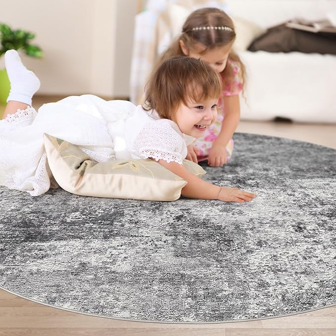 4ft Round Area Rug Living Room Rugs - 4x4 Washable Large Soft Indoor Neutral Modern Abstract Low Pile Rug Carpet for Bedroom Dining Room Farmhouse Home Office - Grey