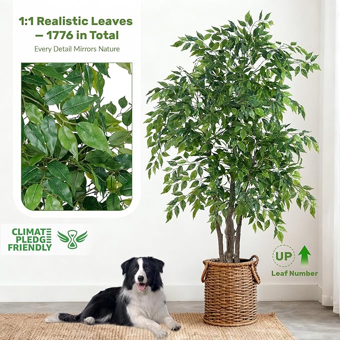 Ficus Tree Artificial with Triple Trunks, 5.5ft Fake Ficus Tree in Black Pot, Tall Artificial Tree Potted Plant for Indoor Outdoor Home Office Living Room Patio Bedroom Decor