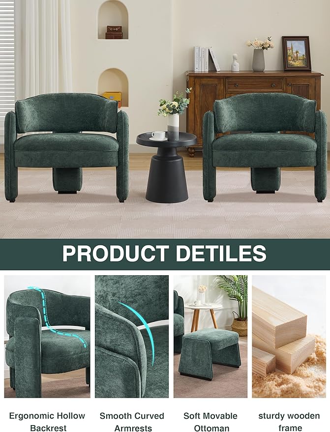 LOULENS Oversized Accent Chair with Ottoman, Modern Upholstered Barrel Chair with Footrest, Comfy Round Armchair for Living Room, Bedroom, Reading Room & Corner (1, Green)