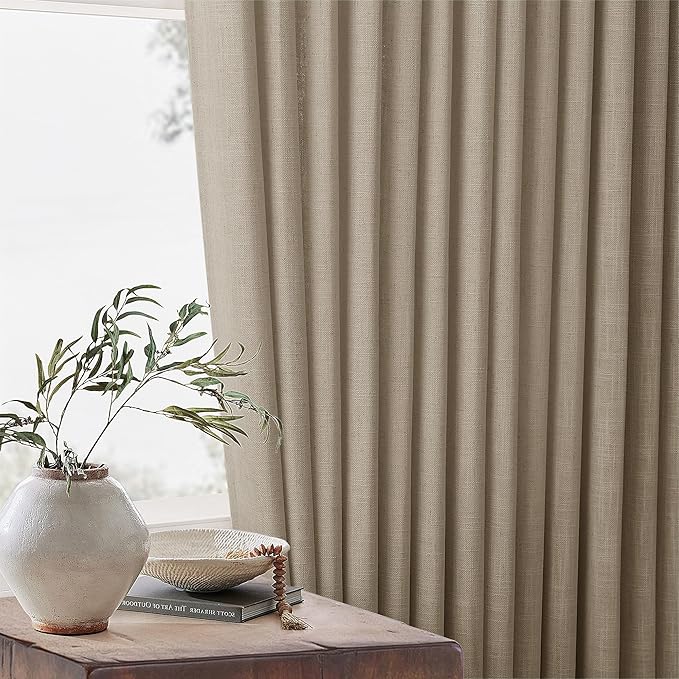 Pleated Linen Curtains 90 Inches Long for Living Room Pinch Pleat Hooks Track System Back Tab Custom Made Memory Shape Drape Privacy Protection Grey Beige Living Room Bedroom Window Curtain 90 Inch