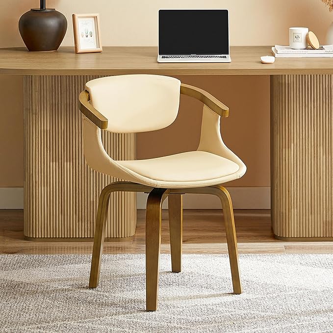 Art Leon Swivel Desk Chair - Mid Century Modern Office Chair, Faux Leather Upholstered Swivel Accent Chair for Small Spaces Living Room Bedroom, Cream