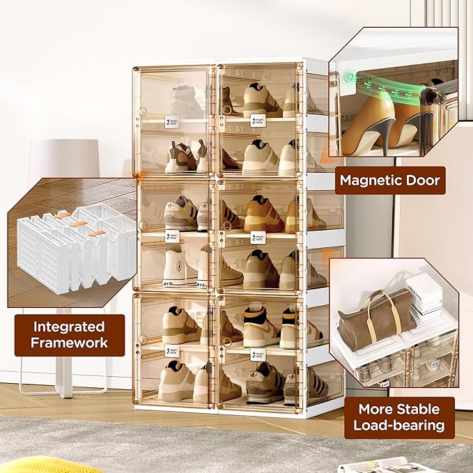 ANTBOX Foldable Shoe Rack,Shoe Organizers for Closet Plastic Shoe Storage Box For Entryway,Living Room,Large Sturdy Stackable Sneaker Cabinet Bins With Magnetic Clear Door 6 Tiers 12 Pairs