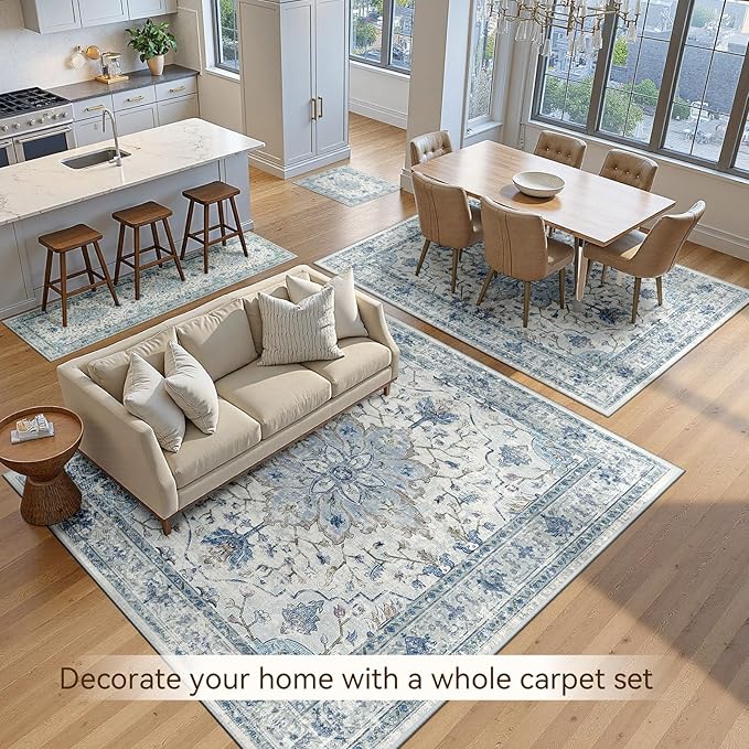 Area Rugs 9'x12' Washable Non-Slip, Floral Vintage Distress Print Pattern Medallion Carpet for Living Room Bedroom Dining Room, Light Blue Navy Beige Gray White