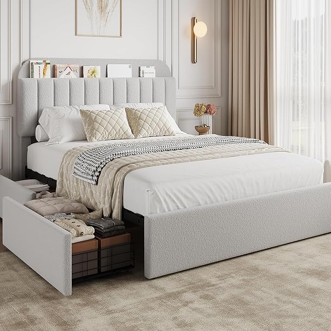 Jojoka Queen Bed Frame with Storage Headboard and 2 Drawers, Boucle Upholstered Platform Bed, Modern Girls Bed Frames for Rooms, No Box Spring Needed, Easy Assembly, Grey
