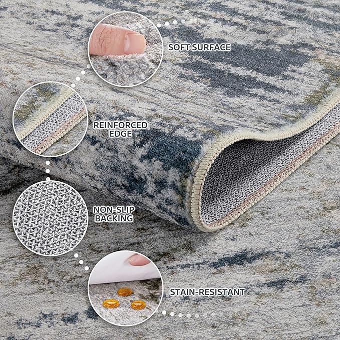 Area Rug Living Room Rugs - 10x12 Washable Large Soft Indoor Neutral Modern Abstract Low Pile Rug Carpet for Bedroom Dining Room Farmhouse Home Office - Blue/Grey/Brown