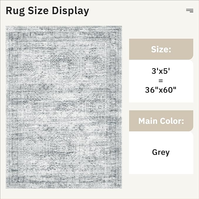 3x5 Rug, Small Area for Kitchen, Entryway, Machine Washable Non-Slip Throw Rug, Vintage Carpet for Nursery Coffee Table Grey