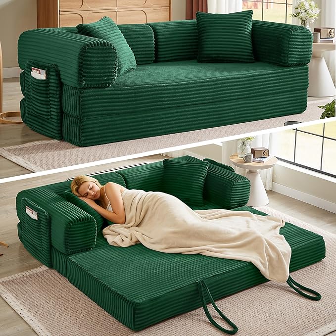 Boneless Couch Folding Couches for Living Room Sofa, Futon Sofa Bed with Sleeper Sofa, Futon Couch with Fixed-Shape Oversized Corduroy Upholstered (Green, 81 Inches)