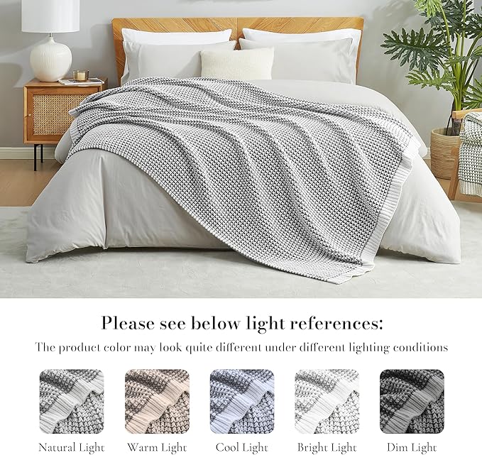 Amélie Home Waffle Chenille Throw Blanket for Couch, Pineapple Stitch Knit Soft Cozy Knit Blanket Decorative Throw for Sofa, Chair, 50"x60", Grey&Ivory