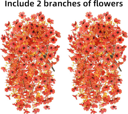 INSPRING Fall Artificial Flowers for Outdoors Fake Silk Flower, 2Pcs Red Orange Daisy Autumn Decor, Realistic Hanging Decoration Plants, UV & Fading Resistant for Porch Patio Balcony Planter