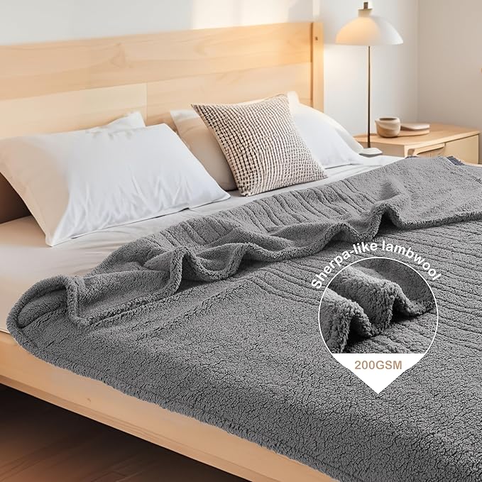 Electric Heated Blanket Queen 84×90 Dual Control, 6 Heating Settings & 1-10H Auto Off, Double Sided Plush Sherpa Ultra-Soft Warm Thick, Machine Washable, Fast Heating, Home Office Light Gray