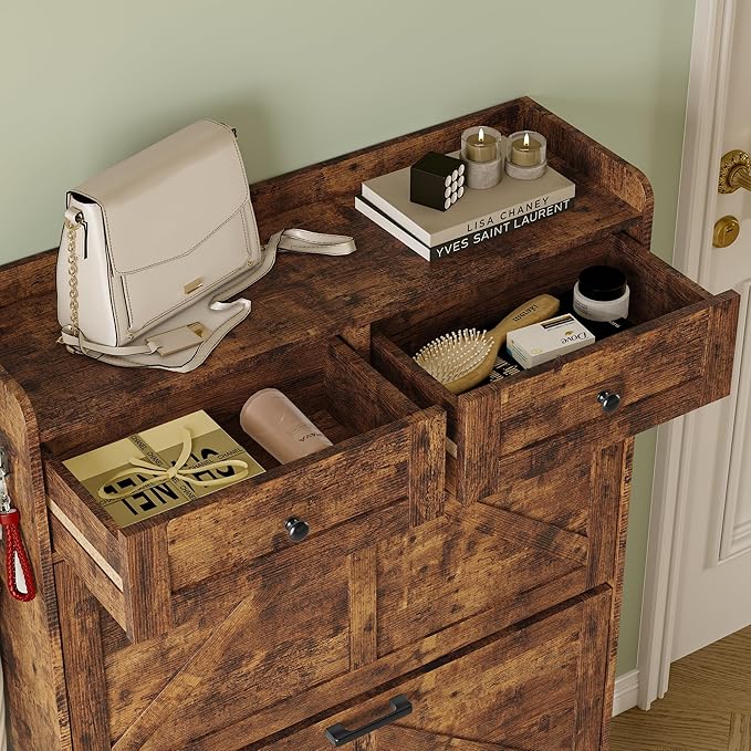 Shoe Storage Cabinet for Entryway, Farmhouse Narrow Shoe Cabinet with 3 Flip Drawers & 2 Top Drawers, Adjustable Shelves & Hooks, Freestanding Hidden Rack Organizer for Hallway, Foyer