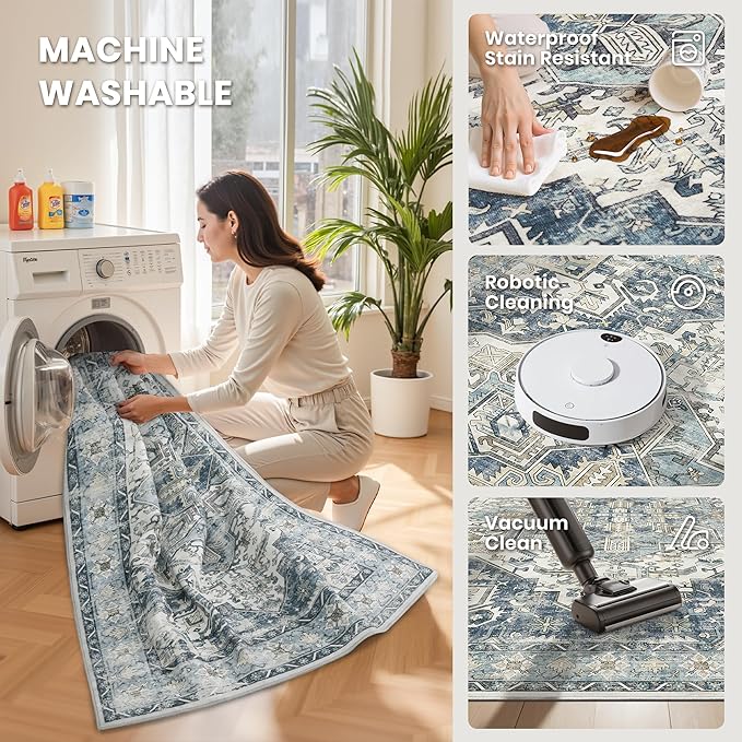 zesthome 10x12 Area Rugs-Washable Rug for Living Room, Non-Slip Backing Rugs, Stain Resistant 10x12 Rug for Bedroom, Ultra-Thin Low Pile Rugs, Vintage Large Home Decor