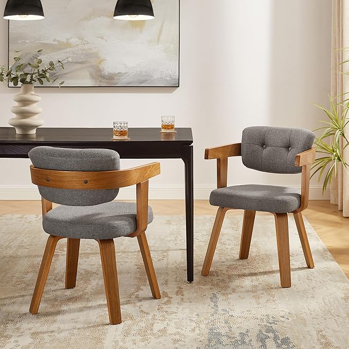 Art Leon Mid Century Modern Dining Chairs - Set of 2 Comfy Fabric Upholstered Dining Chairs, Home Office Chair No Wheels, Accent Arm Chair with Wood Legs for Kitchen Living Room Bedroom, Gray/Walnut
