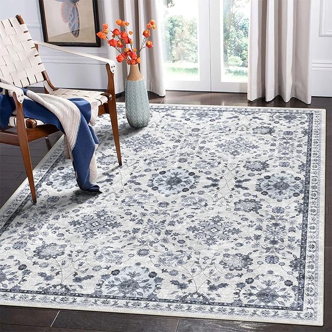 vivorug 6x9 Rug, Stain Resistant Washable Rug for Living Room, Floral Area Rug Vintage Inspired (Ivory/Blue, 6'x9')