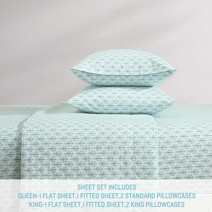 Tommy Bahama - King Sheet Set, Super Soft Cotton Percale Bedding with Matching Shams, Tropical Bedding Set, Oeko-Tex Certified (Coastal Batik Green, King)